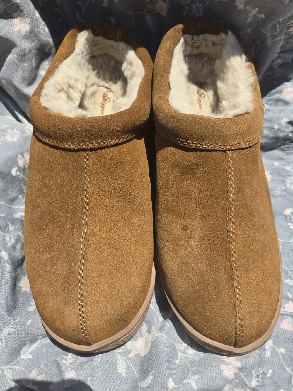 MY SLIPPERS Womens Size 10 Suede Leather Slippers Faux Fur Lining Brown